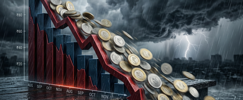 Downward trending financial graph with Indian rupee coins falling off