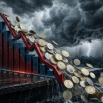 Downward trending financial graph with Indian rupee coins falling off