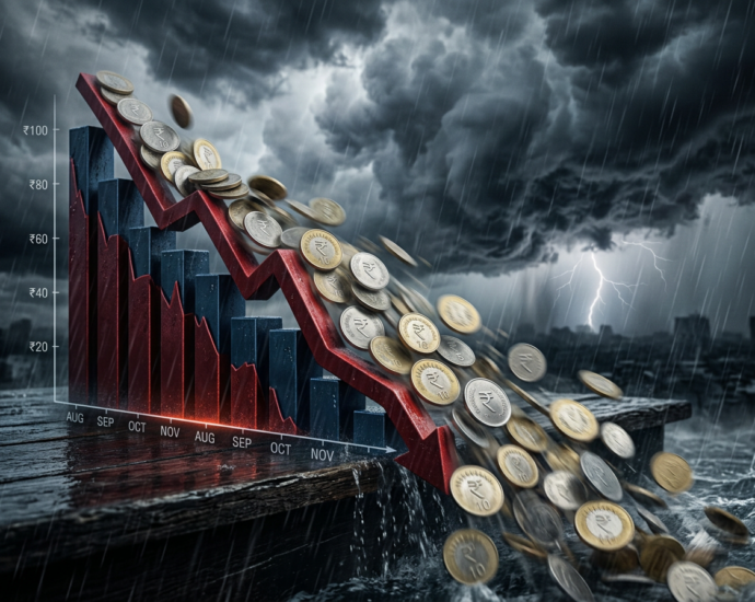 Downward trending financial graph with Indian rupee coins falling off