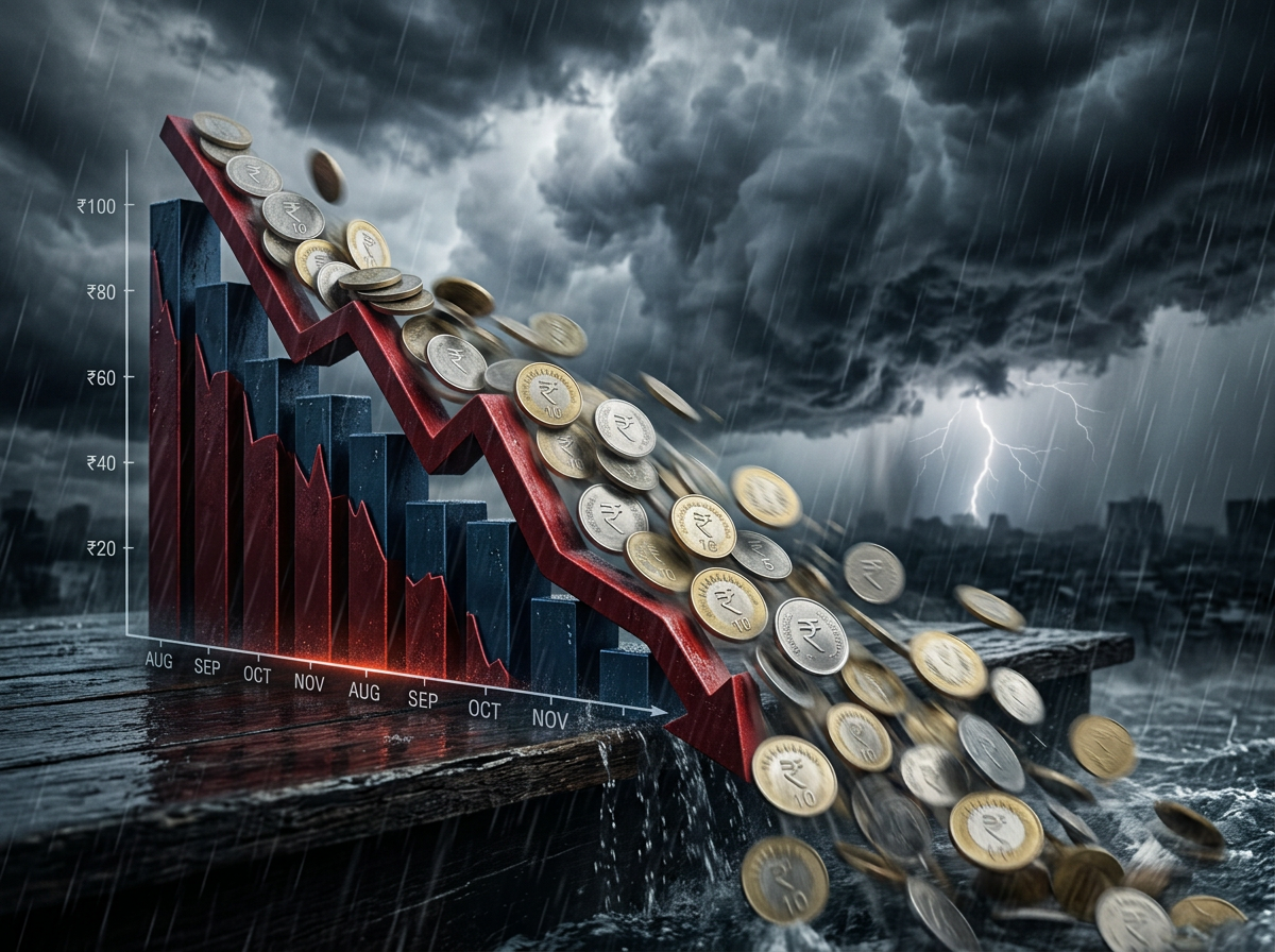 Downward trending financial graph with Indian rupee coins falling off